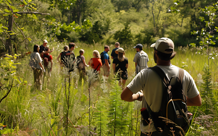 Students with adults in a field being instructed.