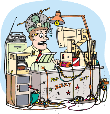 a cartoon of a man with many appliances plugged into one power strip and the words zap