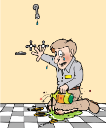worker is pouring drain cleaner down drain and the chemicals are causing his eyes to tear