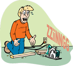 cartoon of a hand-held circular saw cutting wood without the operator who looks surprised and saw is cutting through a floor