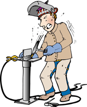 Slag Debris shooting up into welder's eyes becasue his helmet is raised exposing eyes