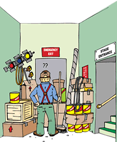 Blocked emergency exit with boxes and debris