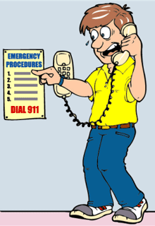 man reading emergency procedures while on the phone.