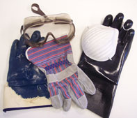 Rubber gloves, suede gloves, goggles, and a dust mask