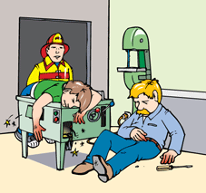 Teacher and student are electricuted with a tool in hand and machine is plugged in with a fire rescue at the door.