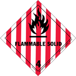 Flammable solid signage with a flame and red stripes