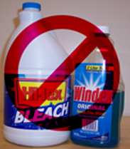 a bottle of bleach and windex with a red no circle indicating not to mix these chemicals